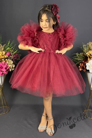Официална детска рокля с богат тюл в бордо с дантела Мия