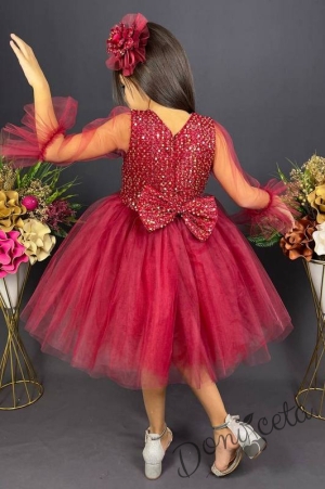 Официална детска рокля Карин с ръкав 7/8 с пайети и тюл в бордо с диадема с панделка 4