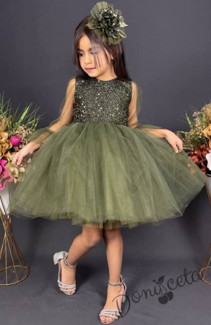 Официална детска рокля Карин с ръкав 7/8 с дантела и тюл в зелено с диадема с панделка 3