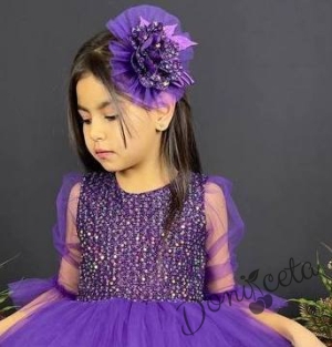 Официална детска рокля с ръкав 7/8 от пайети и тюл в лилаво с диадема с панделка2