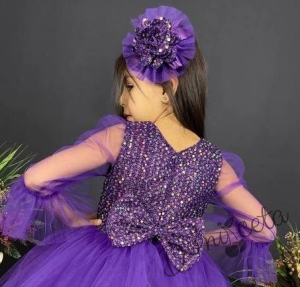 Официална детска рокля с ръкав 7/8 от пайети и тюл в лилаво с диадема с панделка 5