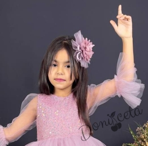 Официална детска рокля Карин с ръкав 7/8 с пайети и тюл в розово с диадема с панделка 2