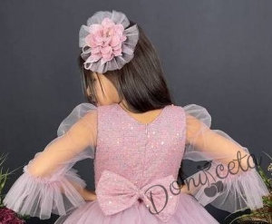 Официална детска рокля Карин с ръкав 7/8 с пайети и тюл в розово с диадема с панделка 3