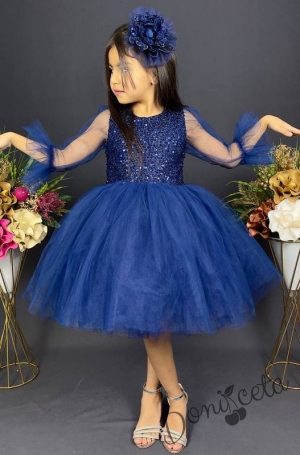 Официална детска рокля Карин с ръкав 7/8 с пайети и тюл в синьо с диадема с панделка