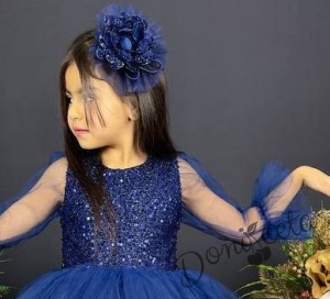 Официална детска рокля Карин с ръкав 7/8 с пайети и тюл в синьо с диадема с панделка 2