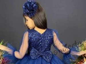 Официална детска рокля Карин с ръкав 7/8 с пайети и тюл в синьо с диадема с панделка 3