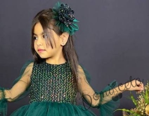 Официална детска рокля Карин с ръкав 7/8 с пайети и тюл в тъмнозелено с диадема с панделка 2