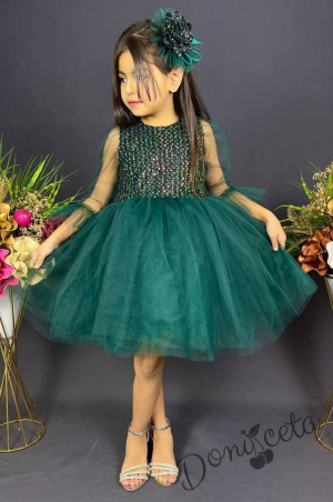 Официална детска рокля Карин с ръкав 7/8 с пайети и тюл в тъмнозелено с диадема с панделка 3