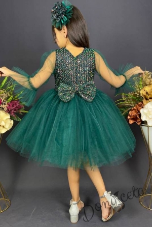 Официална детска рокля Карин с ръкав 7/8 с пайети и тюл в тъмнозелено с диадема с панделка 5
