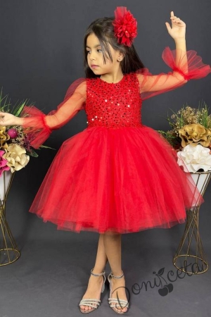 Официална детска рокля Карин с ръкав 7/8 с пайети и тюл в червено с диадема с панделка 1