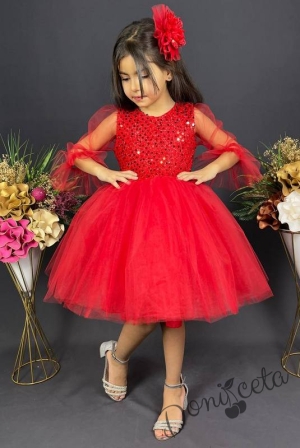 Официална детска рокля Карин с ръкав 7/8 с пайети и тюл в червено с диадема с панделка 3