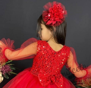 Официална детска рокля Карин с ръкав 7/8 с пайети и тюл в червено с диадема с панделка 4