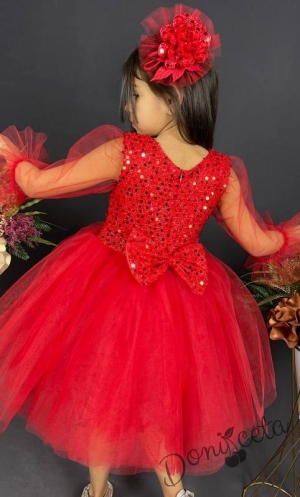 Официална детска рокля Карин с ръкав 7/8 с пайети и тюл в червено с диадема с панделка 5