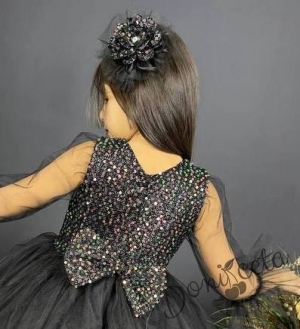 Официална детска рокля с ръкав 7/8 с дантела и тюл в черно с диадема с панделка 4