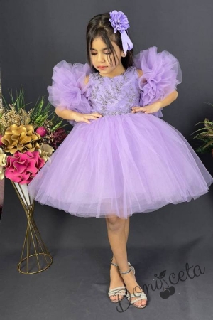 Официална детска рокля с богат тюл в лилаво с дантела 2