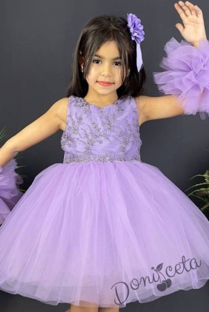 Официална детска рокля с богат тюл в лилаво с дантела 3