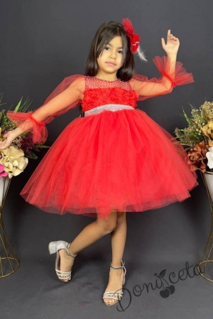 Официална детска рокля с ръкав 7/8 с тюл в червено и панделка за коса
