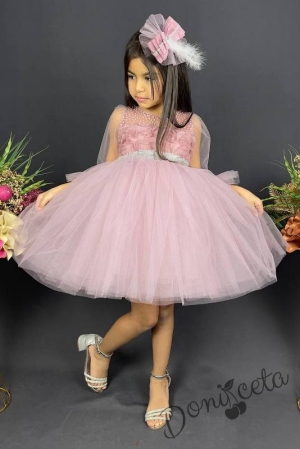 Официална детска рокля с ръкав 7/8 с тюл в пепел от рози и панделка за коса