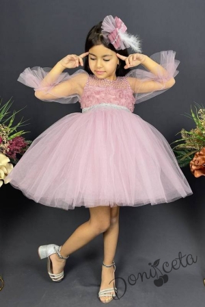 Официална детска рокля с ръкав 7/8 с тюл в розово и панделка за коса3