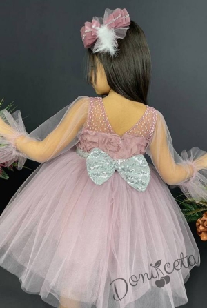 Официална детска рокля с ръкав 7/8 с тюл в пепел от рози и панделка за коса 4