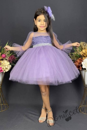 Официална детска рокля с ръкав 7/8 с тюл в лилаво и панделка за коса