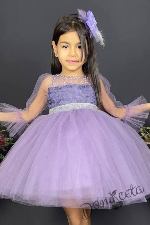 Официална детска рокля с ръкав 7/8 с тюл в лилаво и панделка за коса2