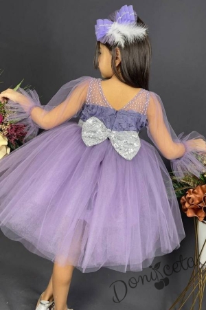 Официална детска рокля с ръкав 7/8 с тюл в лилаво и панделка за коса3
