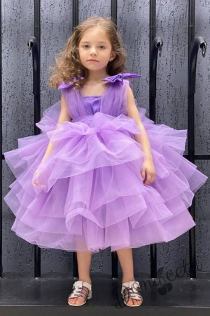 Официална детска рокля без ръкав с тюл на пластове в лилаво