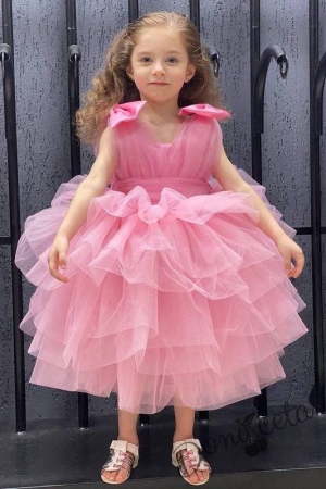Официална детска рокля без ръкав с тюл на пластове в розово