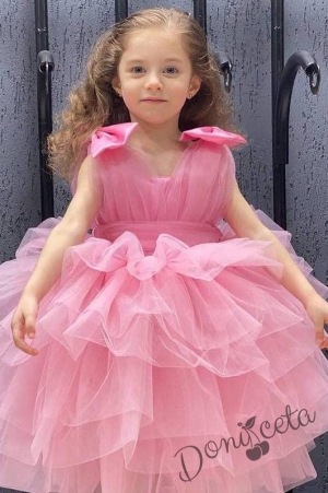 Официална детска рокля без ръкав с тюл на пластове в розово2