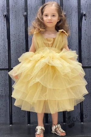 Официална детска рокля без ръкав с тюл на пластове в златисто
