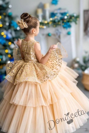 Официална детска дълга рокля в златисто с тюл на пластове2