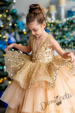 Официална детска дълга рокля в златисто с тюл на пластове4