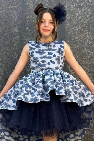 Официална детска асиметрична рокля в екрю и тъмносиньо на цветя2