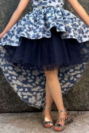 Официална детска асиметрична рокля в екрю и тъмносиньо на цветя3