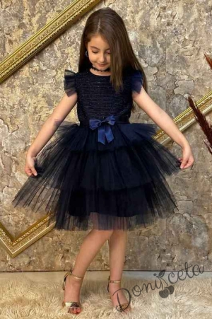 Официална детска рокля с къс ръкав в тъмносиньо на пластове Хера