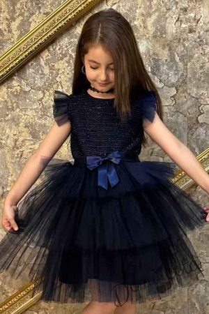 Официална детска рокля с къс ръкав в тъмносиньо на пластове Хера 2
