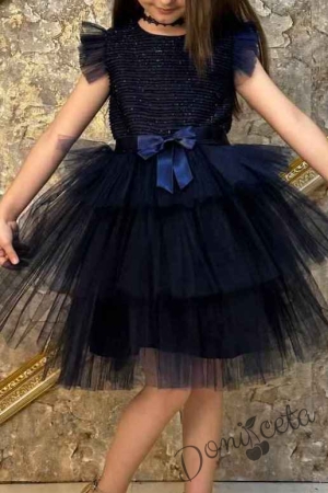 Официална детска рокля с къс ръкав в тъмносиньо на пластове Хера 3
