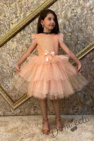 Официална детска рокля с къс ръкав в прасковено на пластове Хера