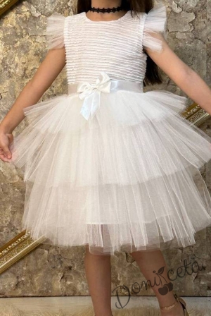 Официална детска рокля с къс ръкав в бяло на пластове Хера 3