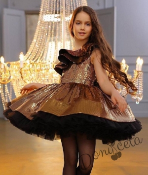 Официална детска рокля с дълъг ръкав в златисто с блясък3