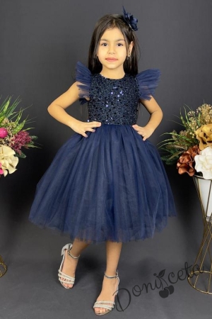 Официална детска рокля Набел в тъмносиньо с тюл и панделка за коса