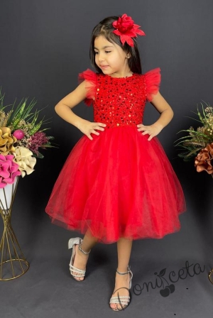 Официална детска рокля Набел в червено с тюл и панделка за коса