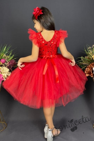 Официална детска рокля в червено с тюл и панделка за коса4
