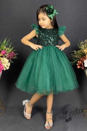 Официална детска рокля в тъмнозелено с тюл и панделка за коса2