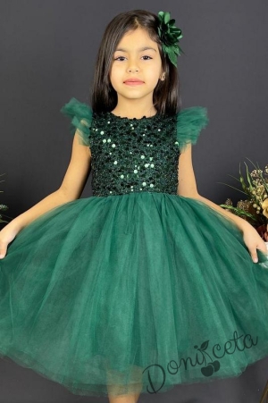 Официална детска рокля в тъмнозелено с тюл и панделка за коса3