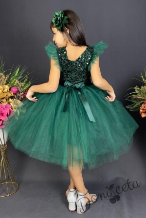 Официална детска рокля в тъмнозелено с тюл и панделка за коса4
