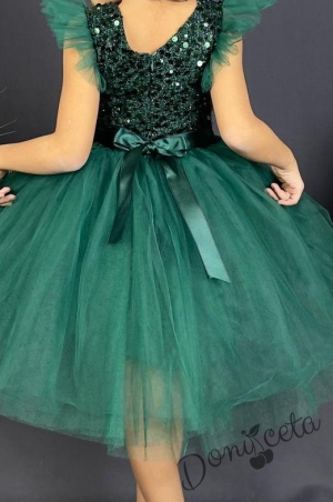 Официална детска рокля в тъмнозелено с тюл и панделка за коса5