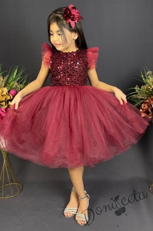 Официална детска рокля в бордо с тюл и панделка за коса2
