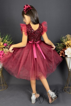 Официална детска рокля в бордо с тюл и панделка за коса4